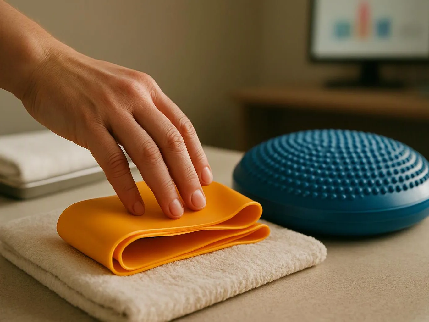A hand presses an orange folded exercise band on a towel beside a blue balance dome