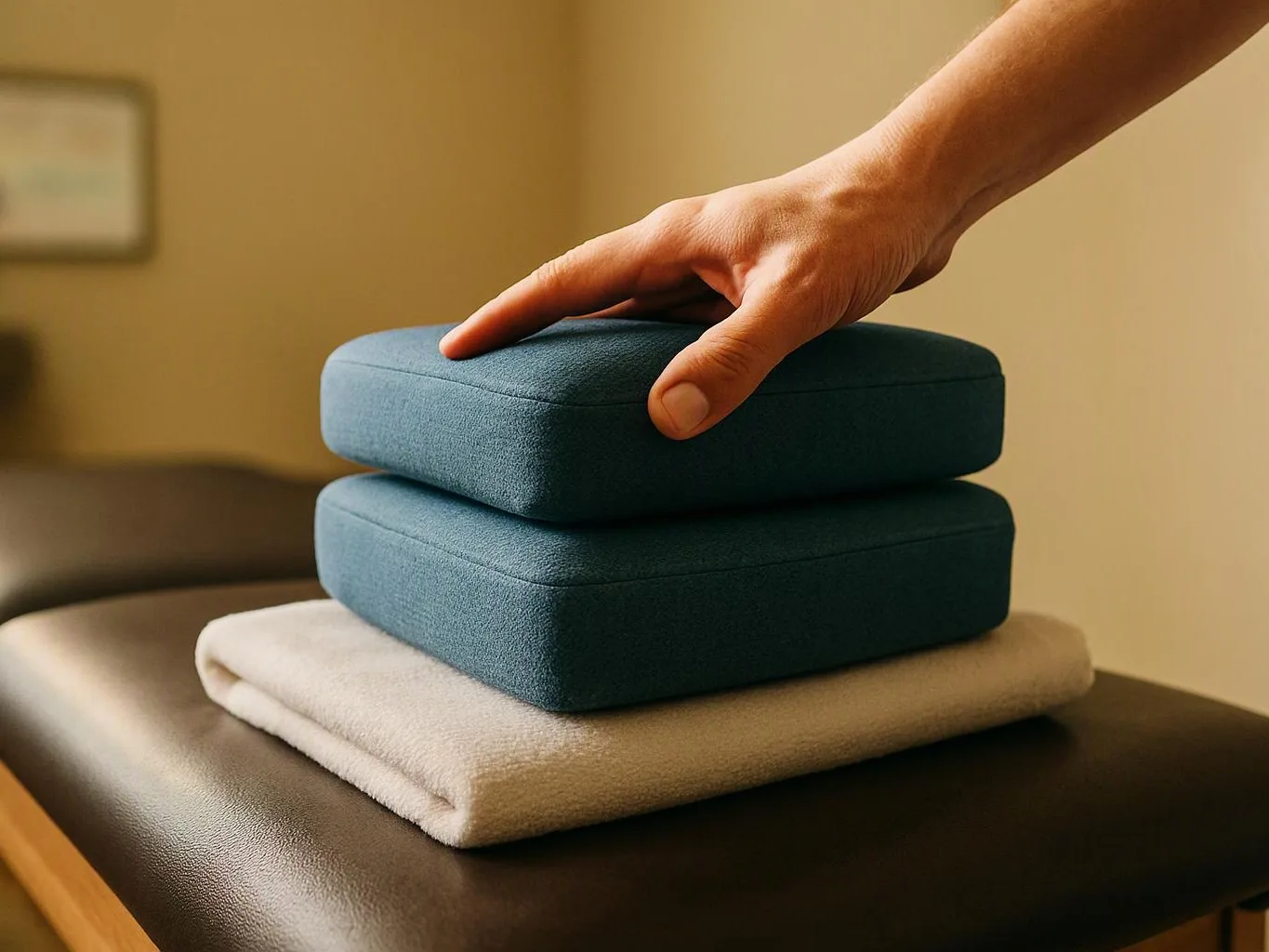 A hand presses stacked folded cushions on a padded treatment table in a warm room