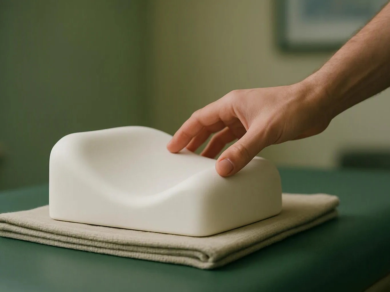 A hand presses a white foam block on folded cloth against a green tabletop