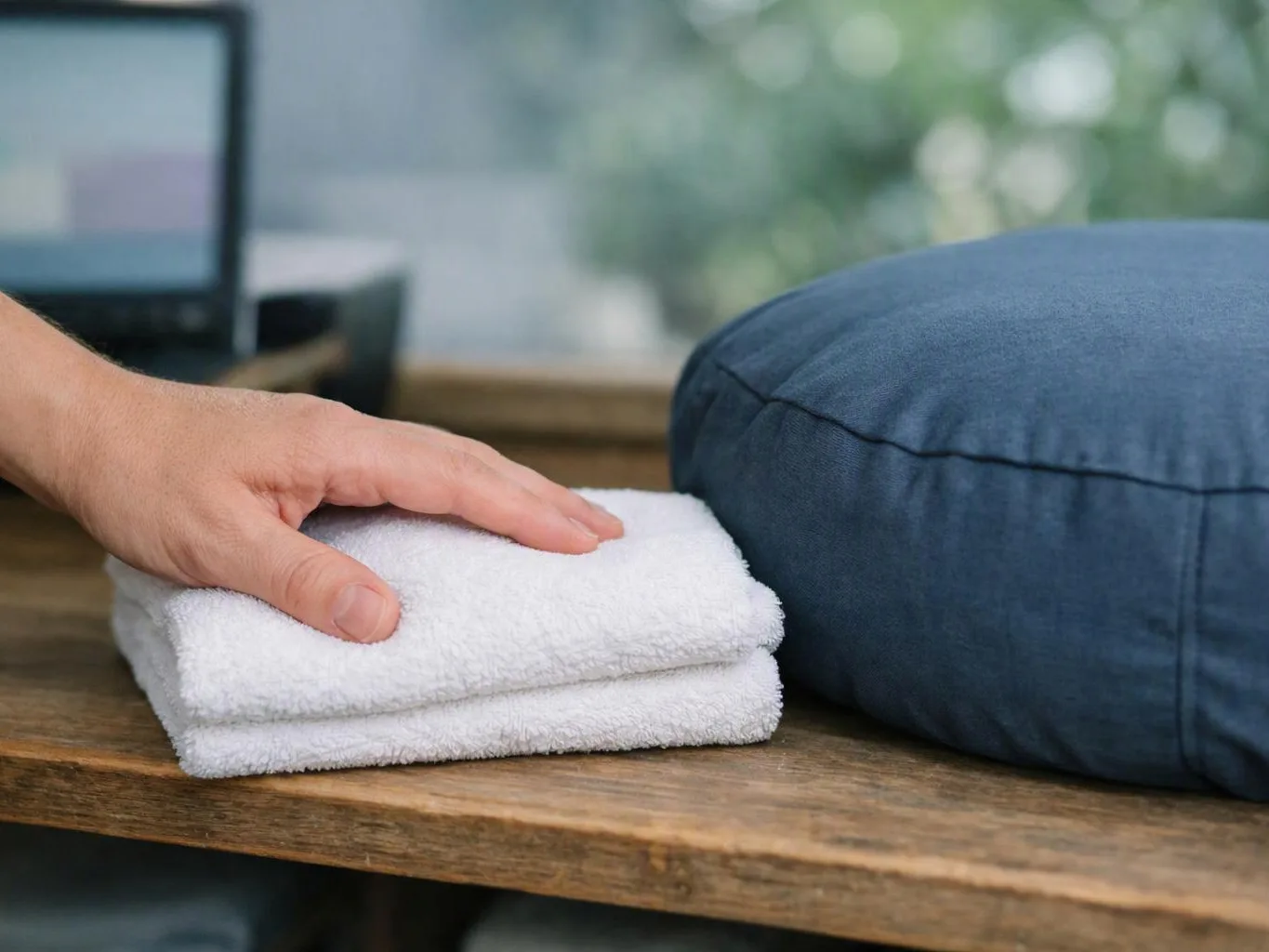 A hand rests on folded white towels beside a blue cushion on a wooden table