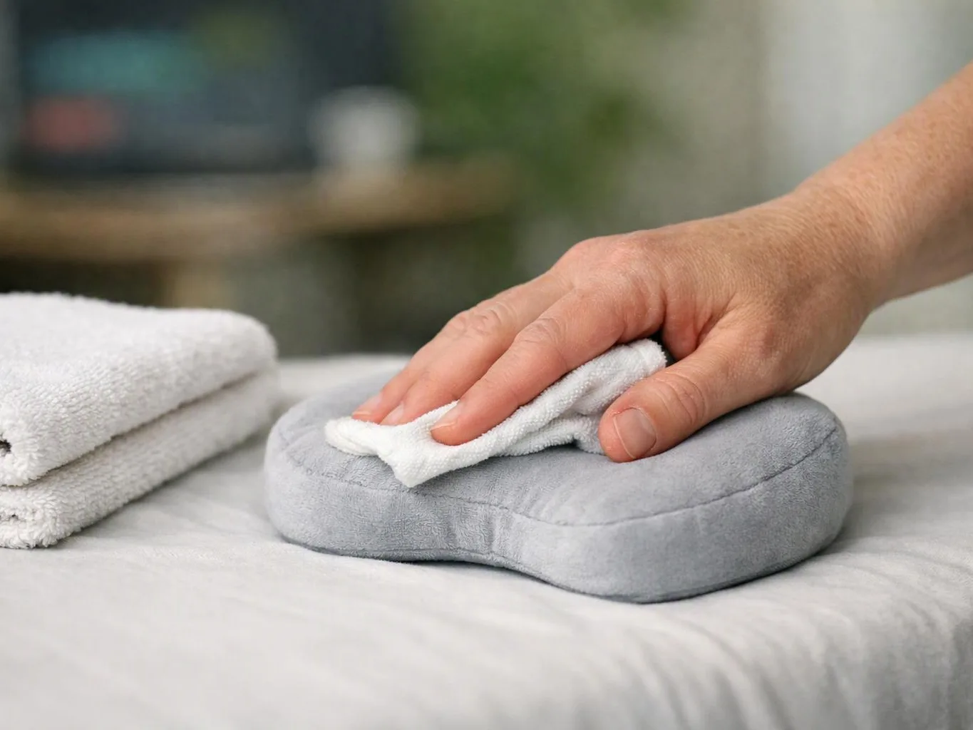 A hand wipes a gray neck pillow with a white cloth beside folded towels on a bed