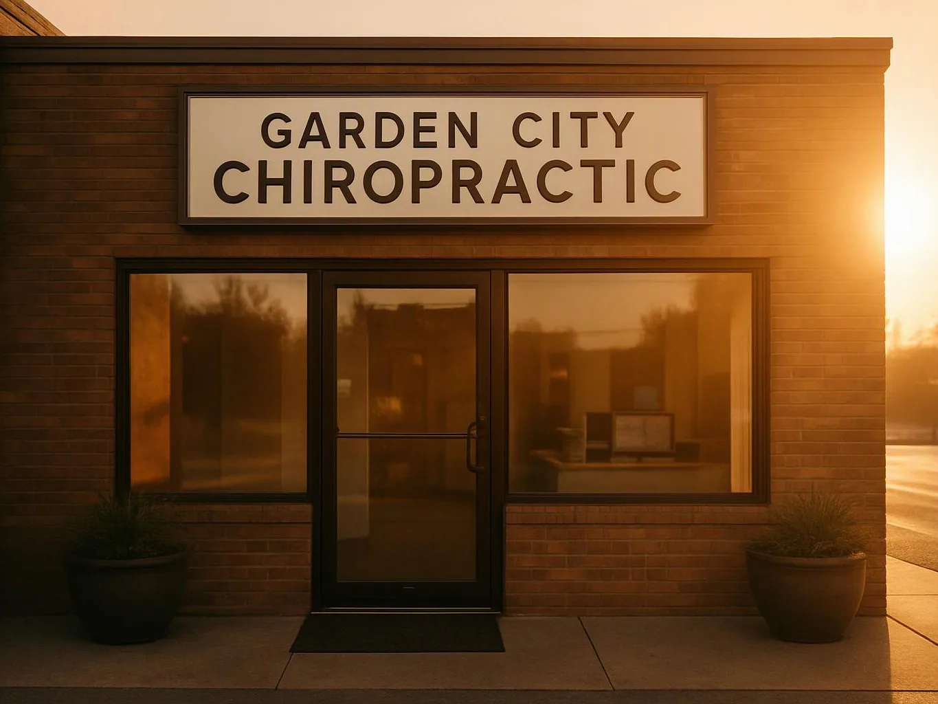 A brick storefront with a sign reading “GARDEN CITY CHIROPRACTIC” sits in warm sunset light