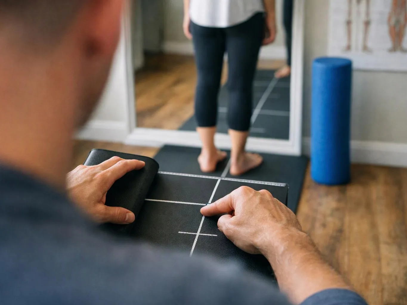 A person measures another person's stance on a mat in a bright room with a blue foam roller nearby
