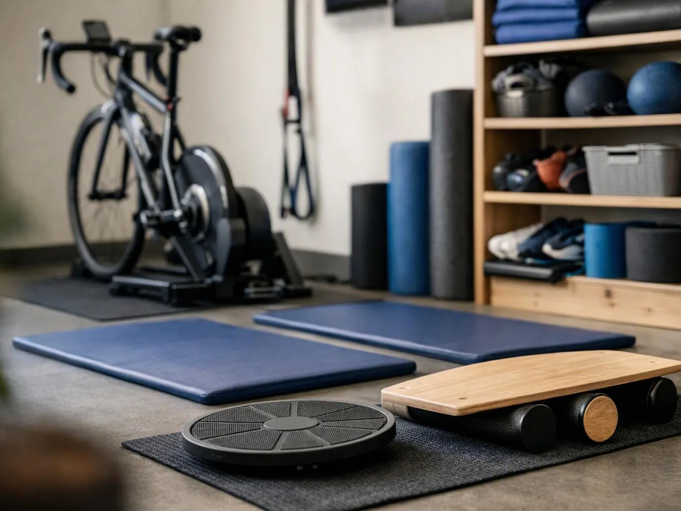 A home gym shows a stationary bike, yoga mats, a balance board, foam rollers, and shelves of workout gear