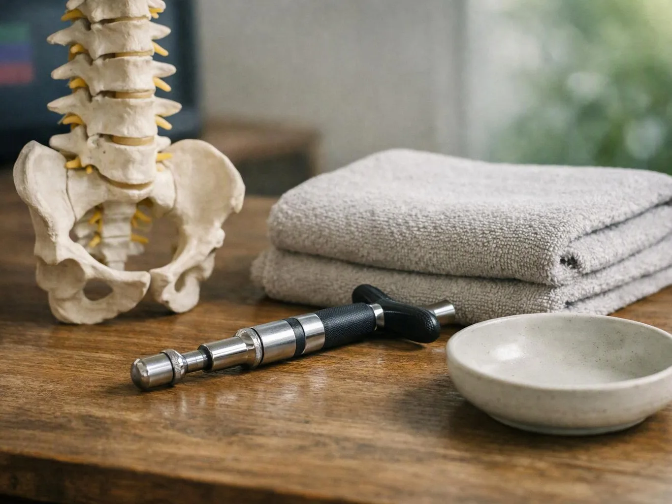 A human spine model, folded towels, a reflex hammer, and a small dish sit on a wooden table