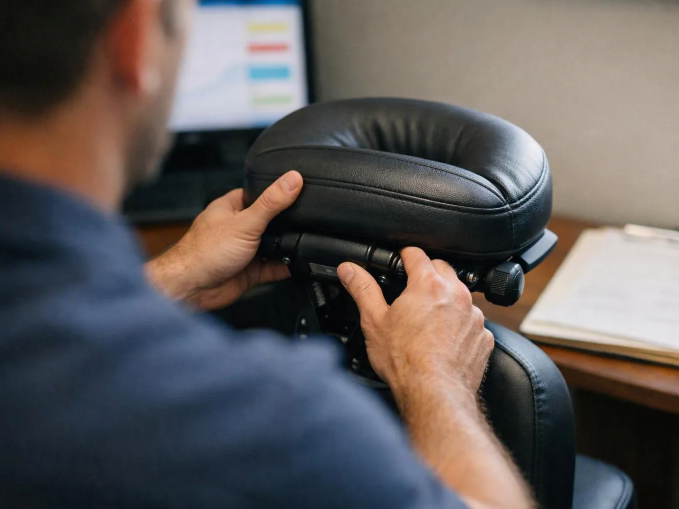 A man adjusts a black leather office chair headrest beside a desk and blurred computer screen
