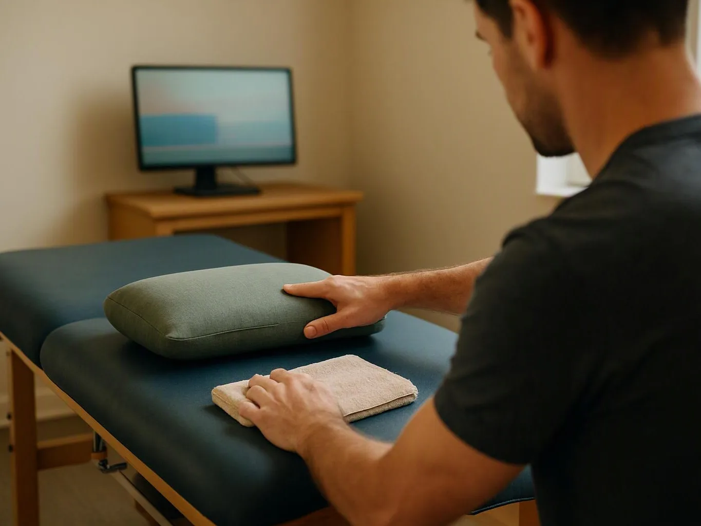 A man adjusts a green cushion on a massage table in a quiet treatment room