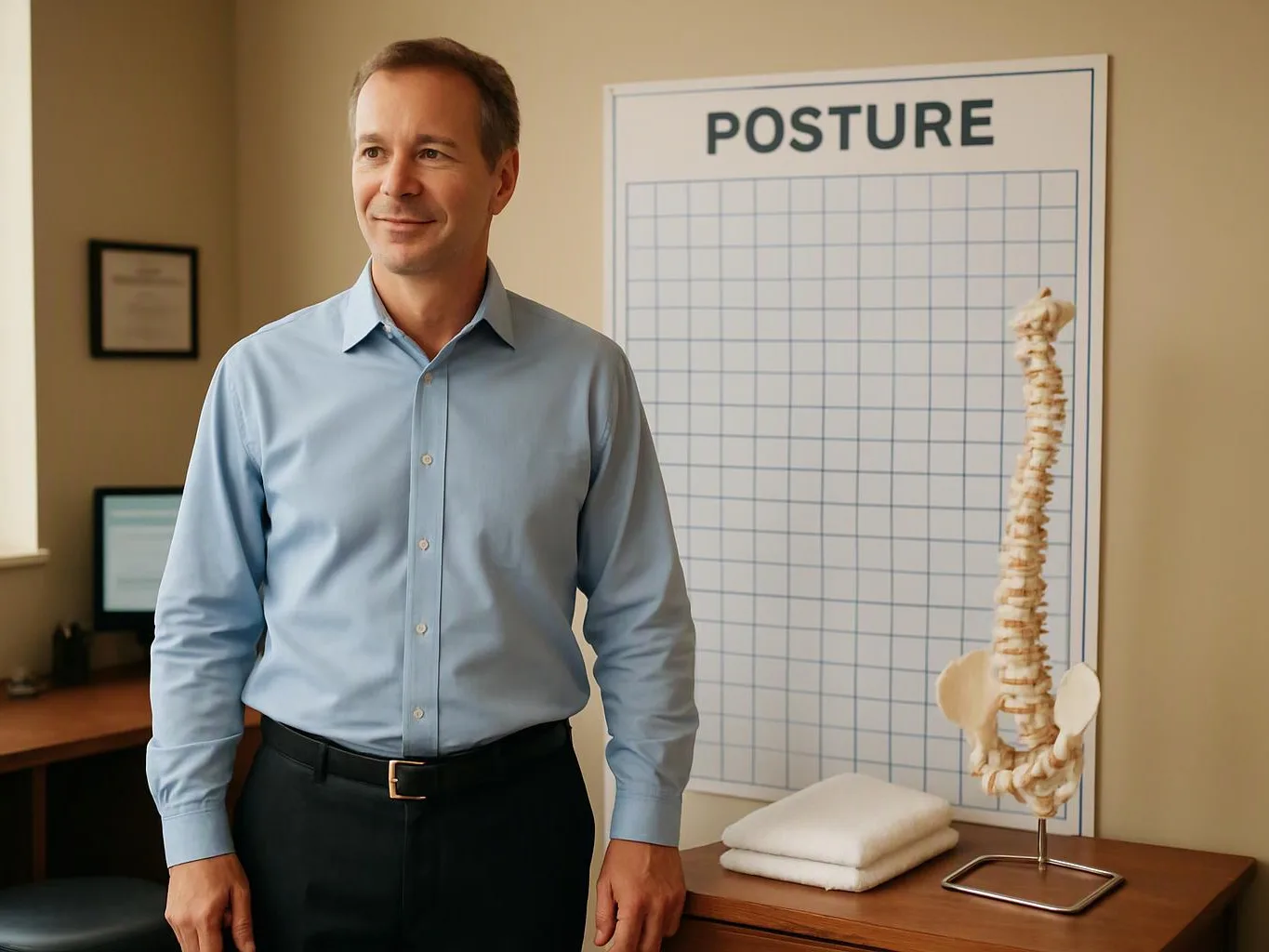 A man in a blue shirt stands beside a posture chart and spine model in an office-like room