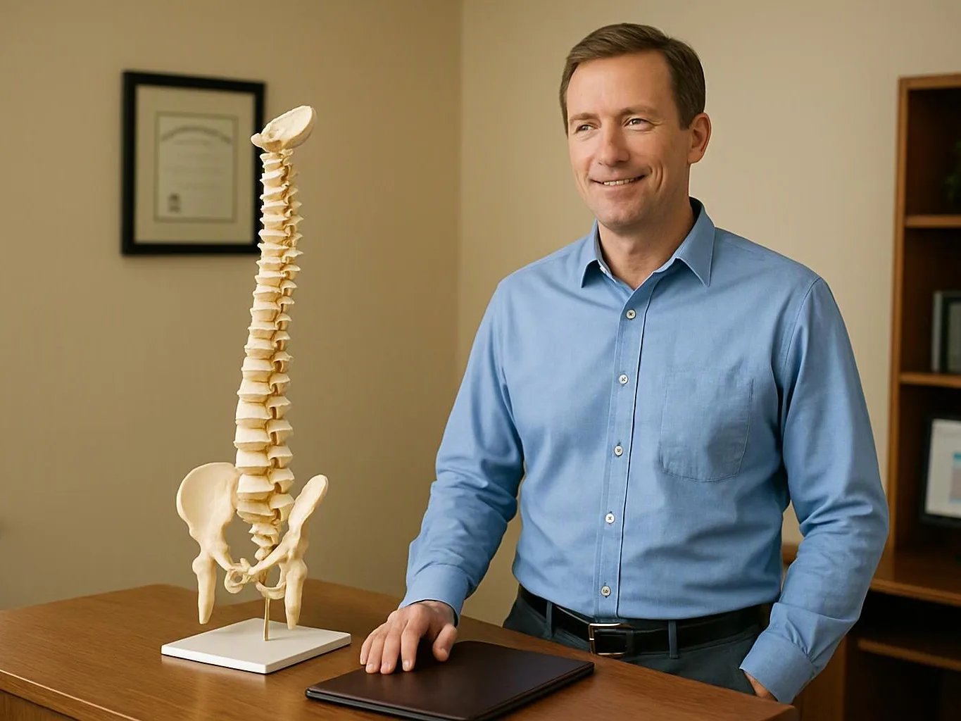 A man in a blue shirt stands beside a spine model on a wooden desk in an office room