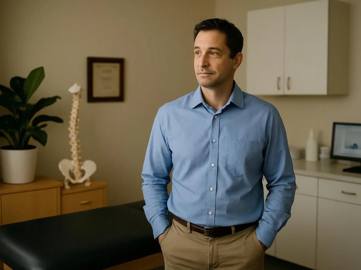 A man in a blue shirt stands in a clinic room beside a spine model and exam table