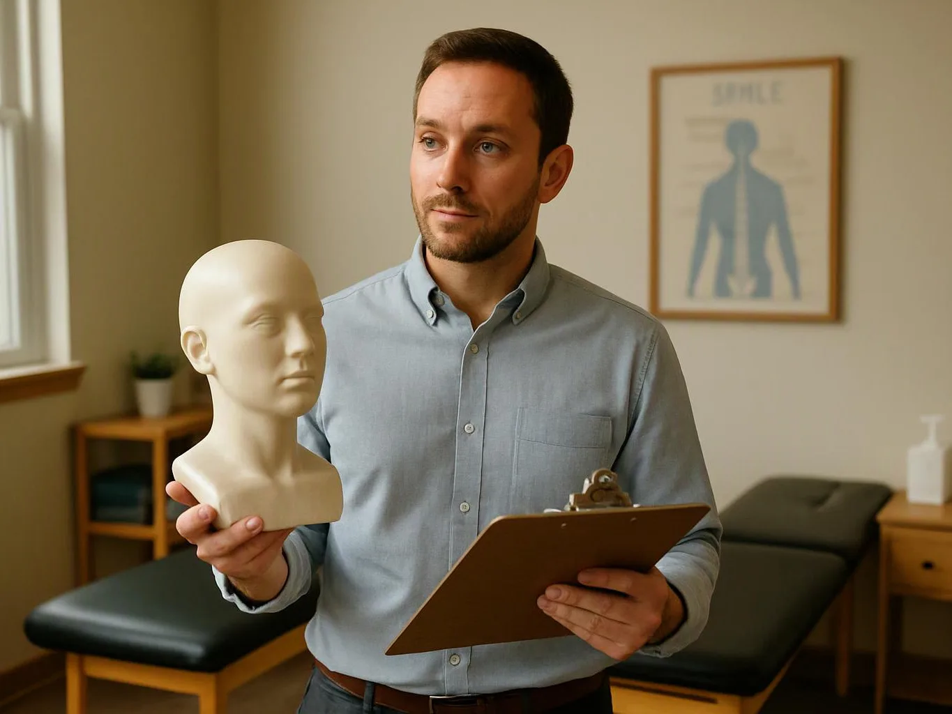 A man in a clinic room holds a mannequin head and a clipboard beside an exam table