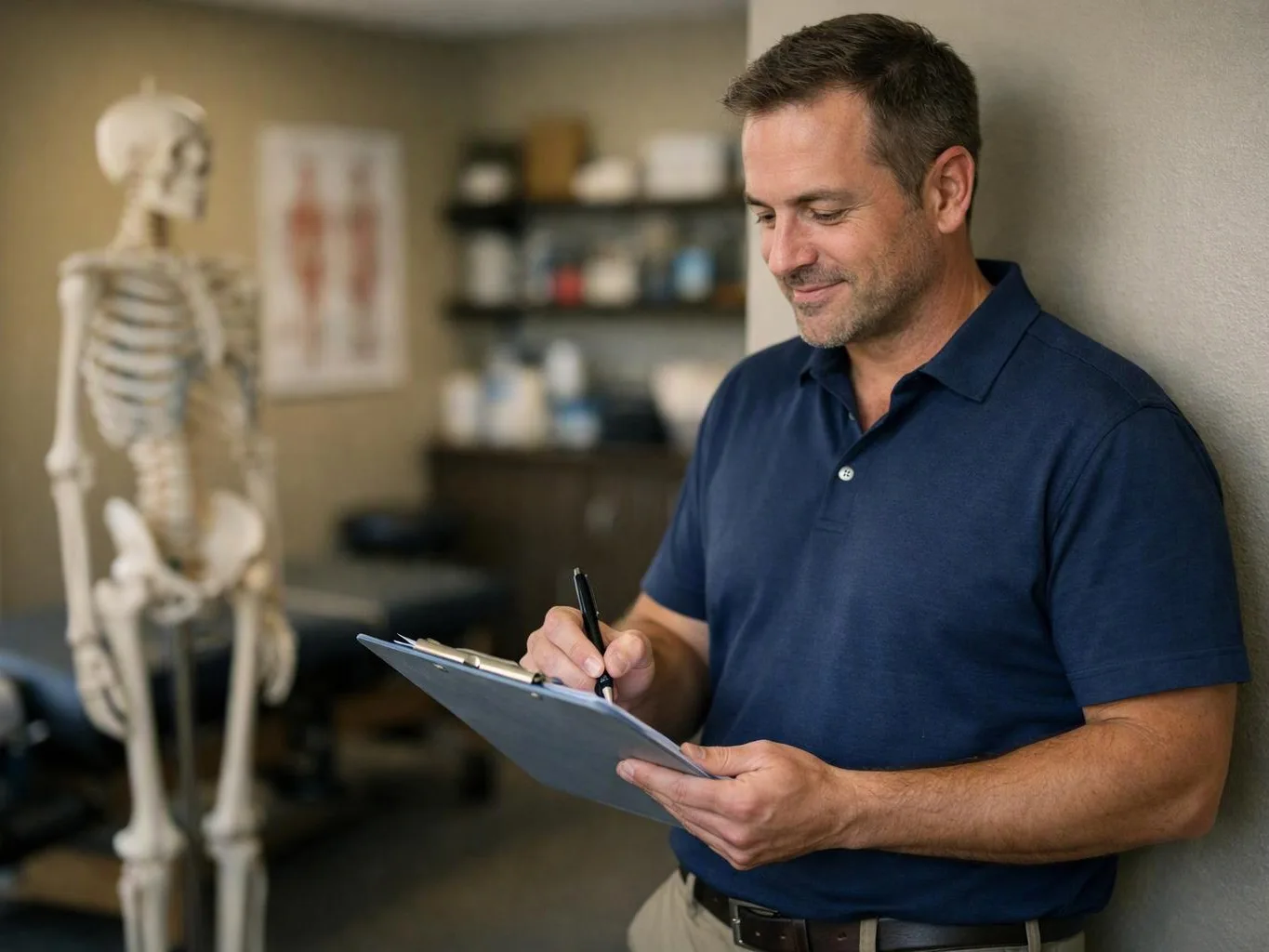 A man in a navy polo writes on a clipboard beside a skeleton model in a clinic room
