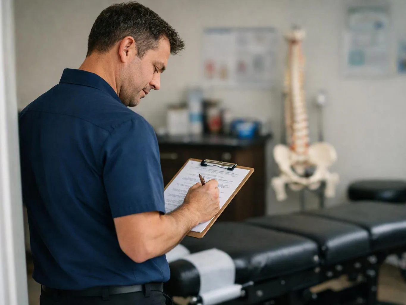 A man in a navy shirt writes on a clipboard in a medical exam room with a spine model behind him