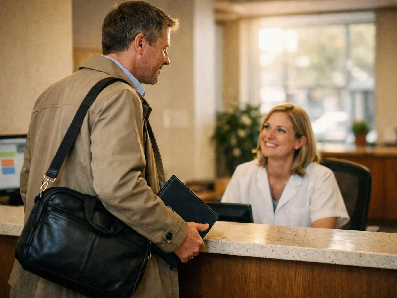 A man with a shoulder bag speaks with a smiling receptionist behind a front desk in a bright lobby