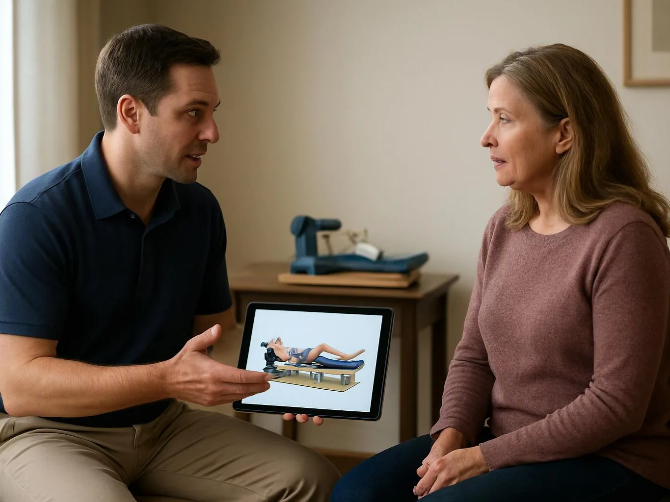 A man shows a tablet with a treatment illustration to a seated woman in a small clinic room
