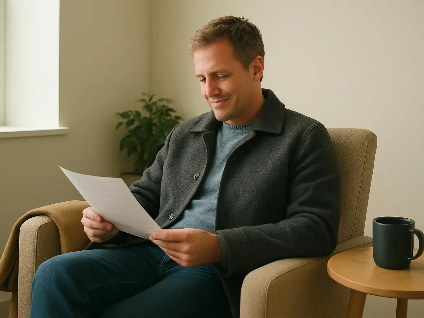 A man sits in an armchair reading a sheet of paper beside a mug in a quiet room