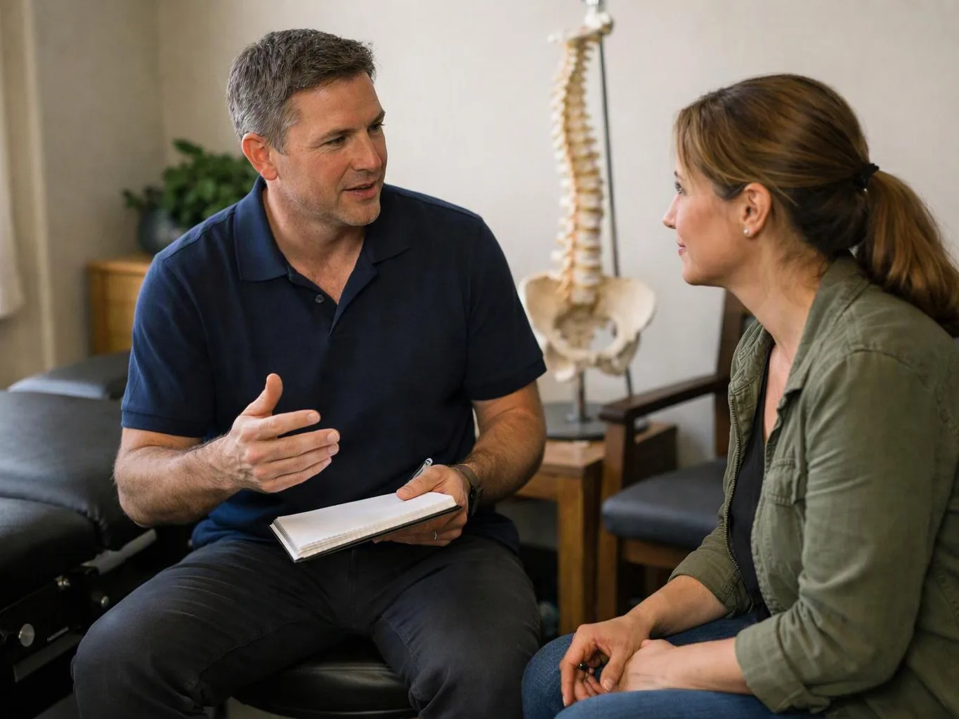 A man speaks with a woman in a clinic room, gesturing with a notepad as a spine model stands behind them