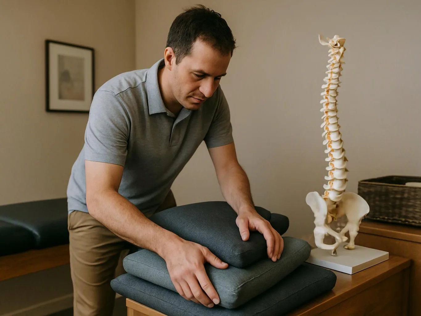 A man stacks gray cushions on a wooden table beside a spine model in a calm room