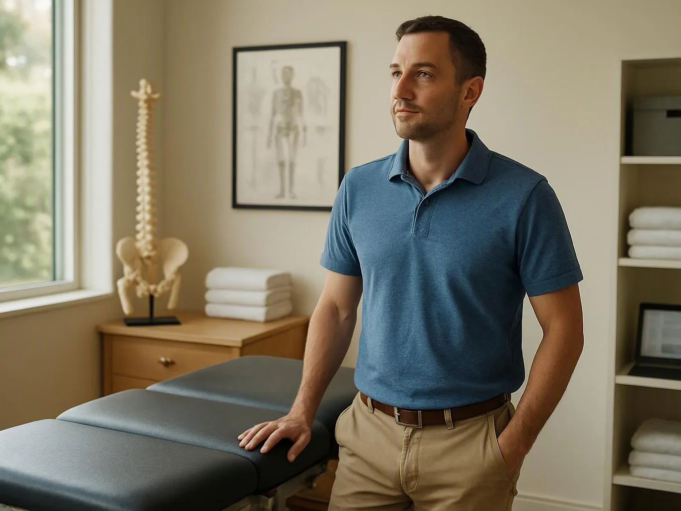 A man stands beside a massage table in a bright treatment room with anatomy posters and folded towels
