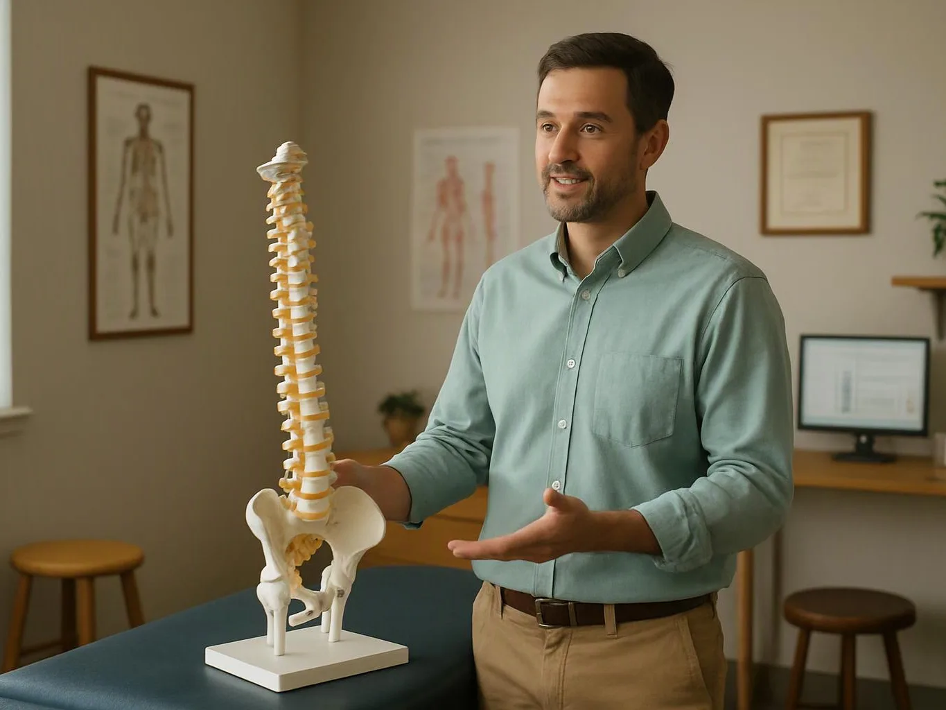 A man stands beside a spine and pelvis model in a clinic room, gesturing as he explains it