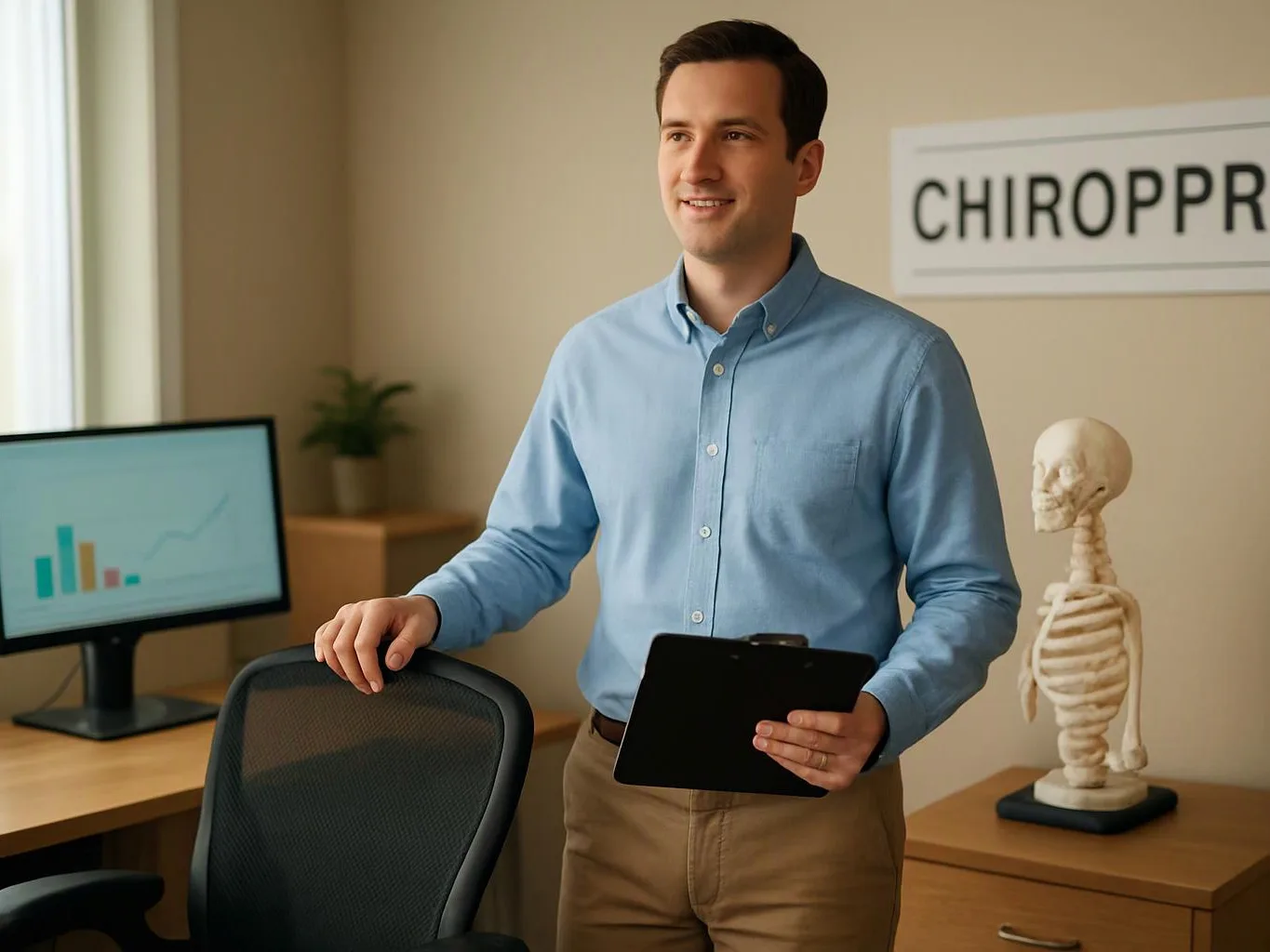 A man stands in a clinic office holding a clipboard beside a chair, computer monitor, and spine model