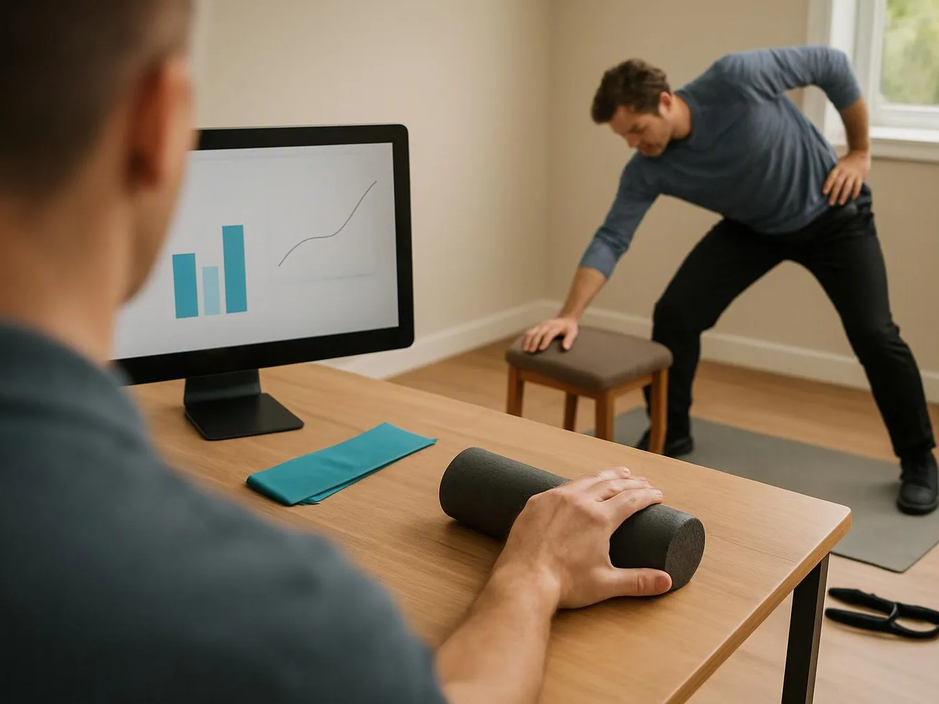 A man stretches beside a stool while another watches a monitor showing bar and line charts in a room