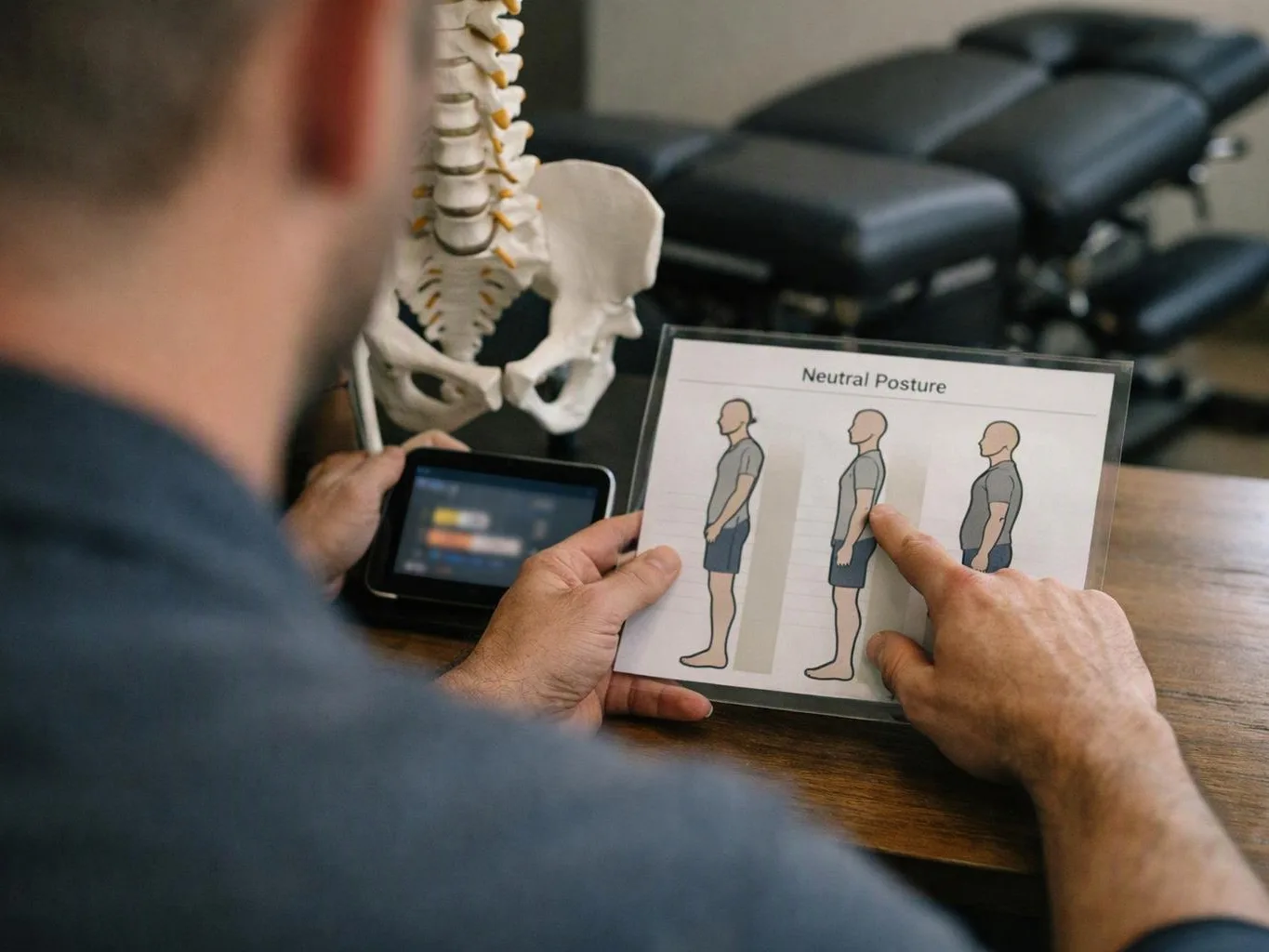 A man studies a posture chart beside a spine model in a clinic room