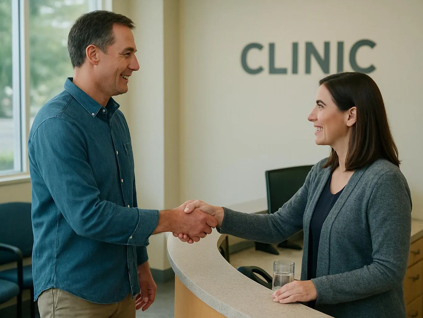 A man and woman shake hands across a clinic reception desk in a bright waiting area
