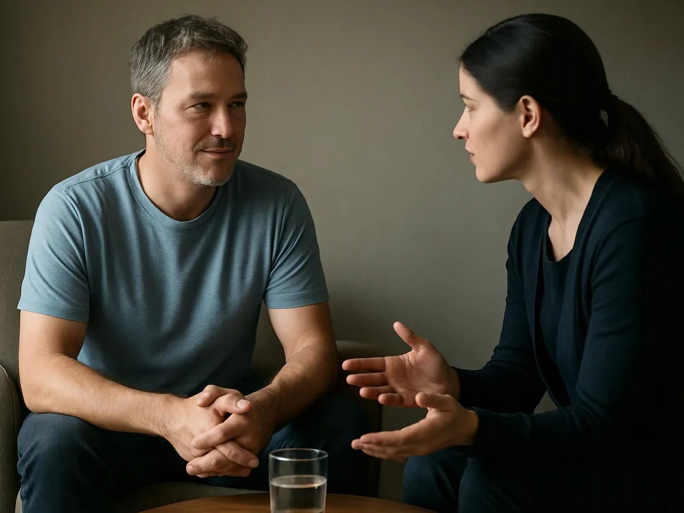 A man and woman sit facing each other on a couch, talking with a glass of water on the table