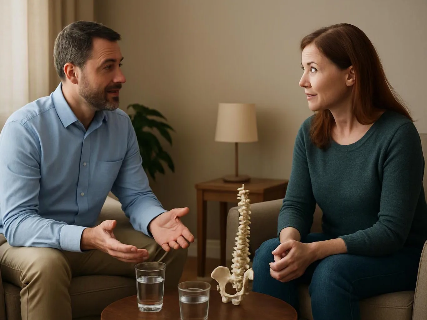A man and woman sit facing each other in a living room, talking beside a table with glasses and a spine model