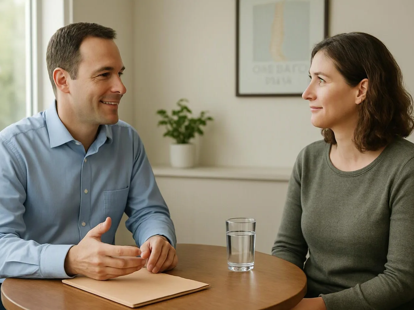 A man and woman sit at a small table, talking with a glass of water and notebook between them