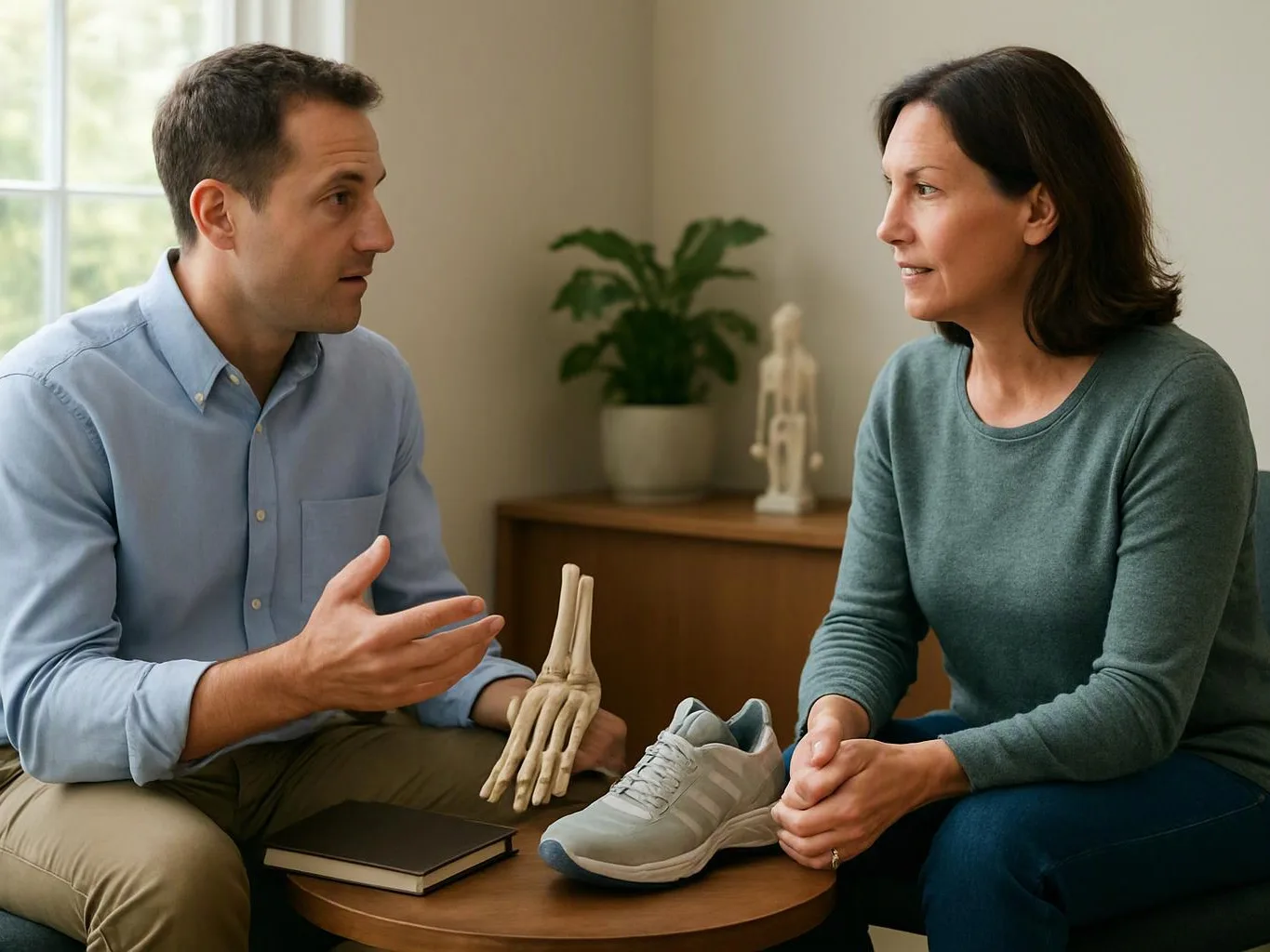 A man and woman talk across a small table with a model hand and athletic shoe in a bright room