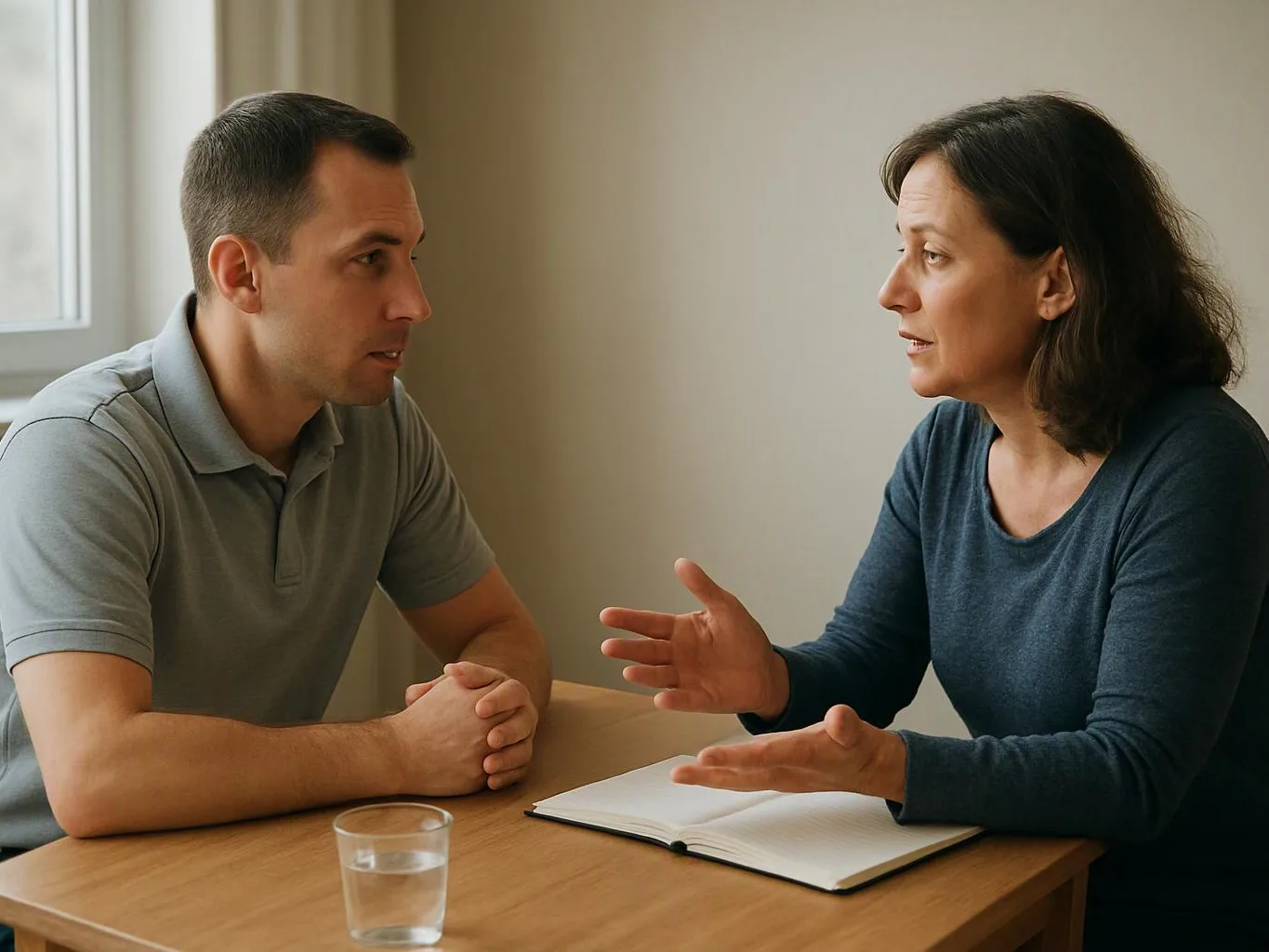 A man and woman talk across a table with an open notebook and a glass of water in a bright room