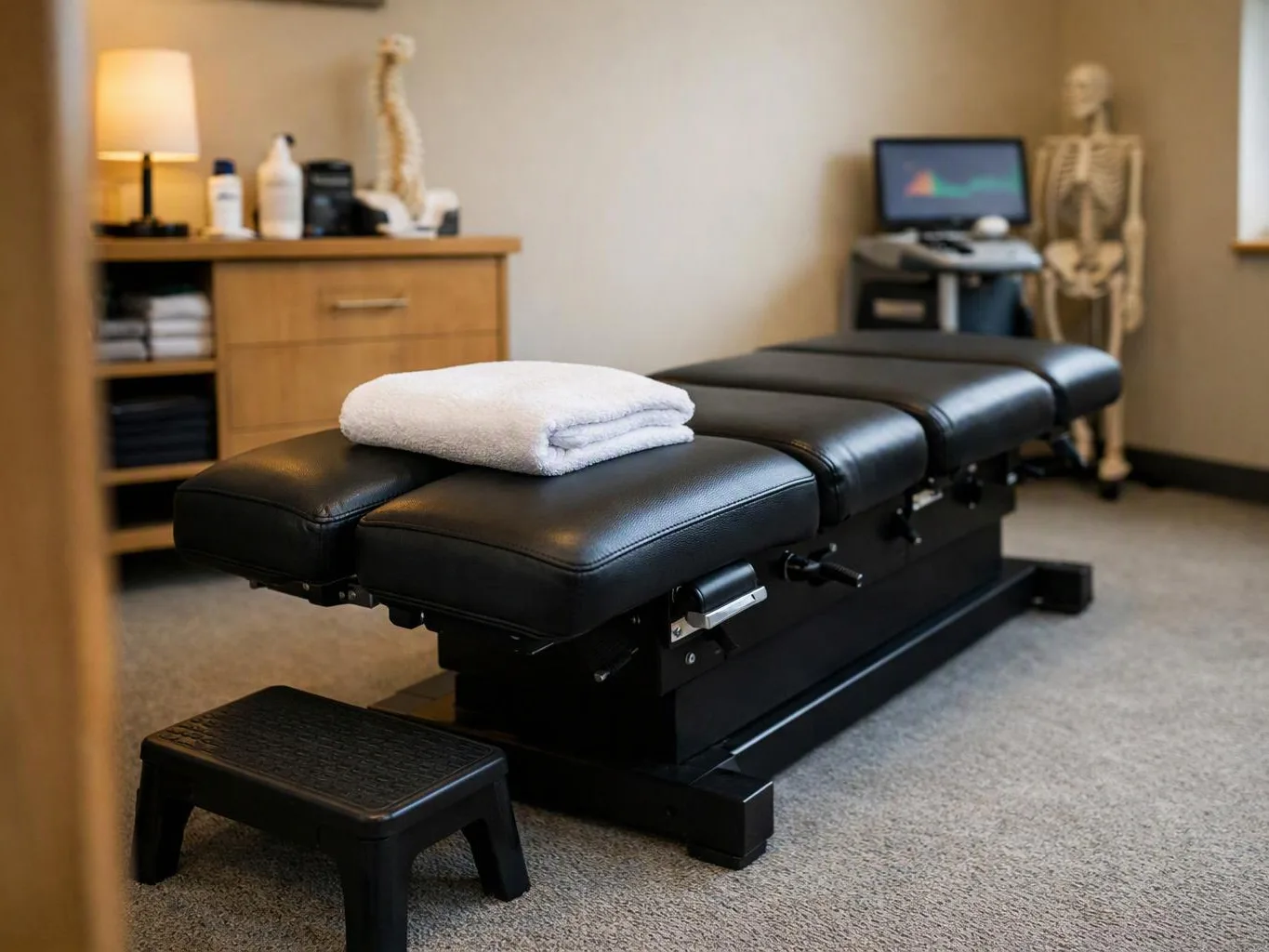 A massage table with a folded white towel sits in a quiet treatment room with a skeleton model and computer in back