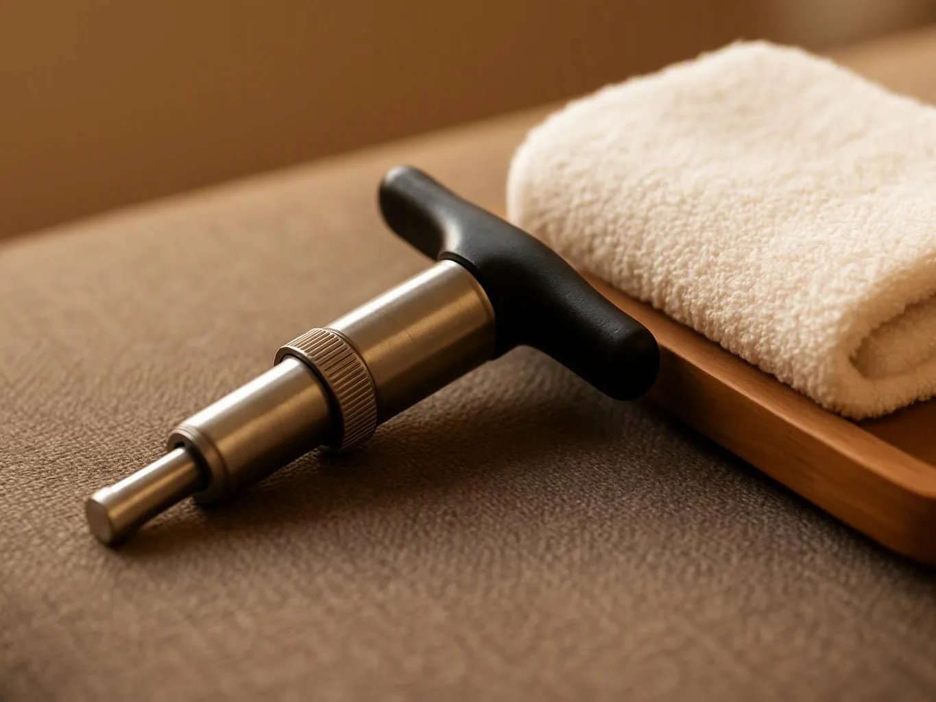A metal massage tool rests beside a folded white towel on a wooden tray against a brown surface