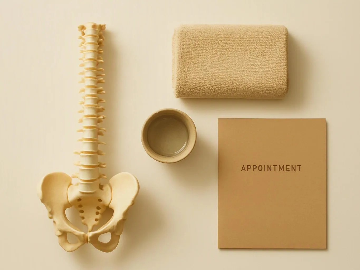 A model spine and pelvis sit beside a towel, cup, and appointment card on a beige surface