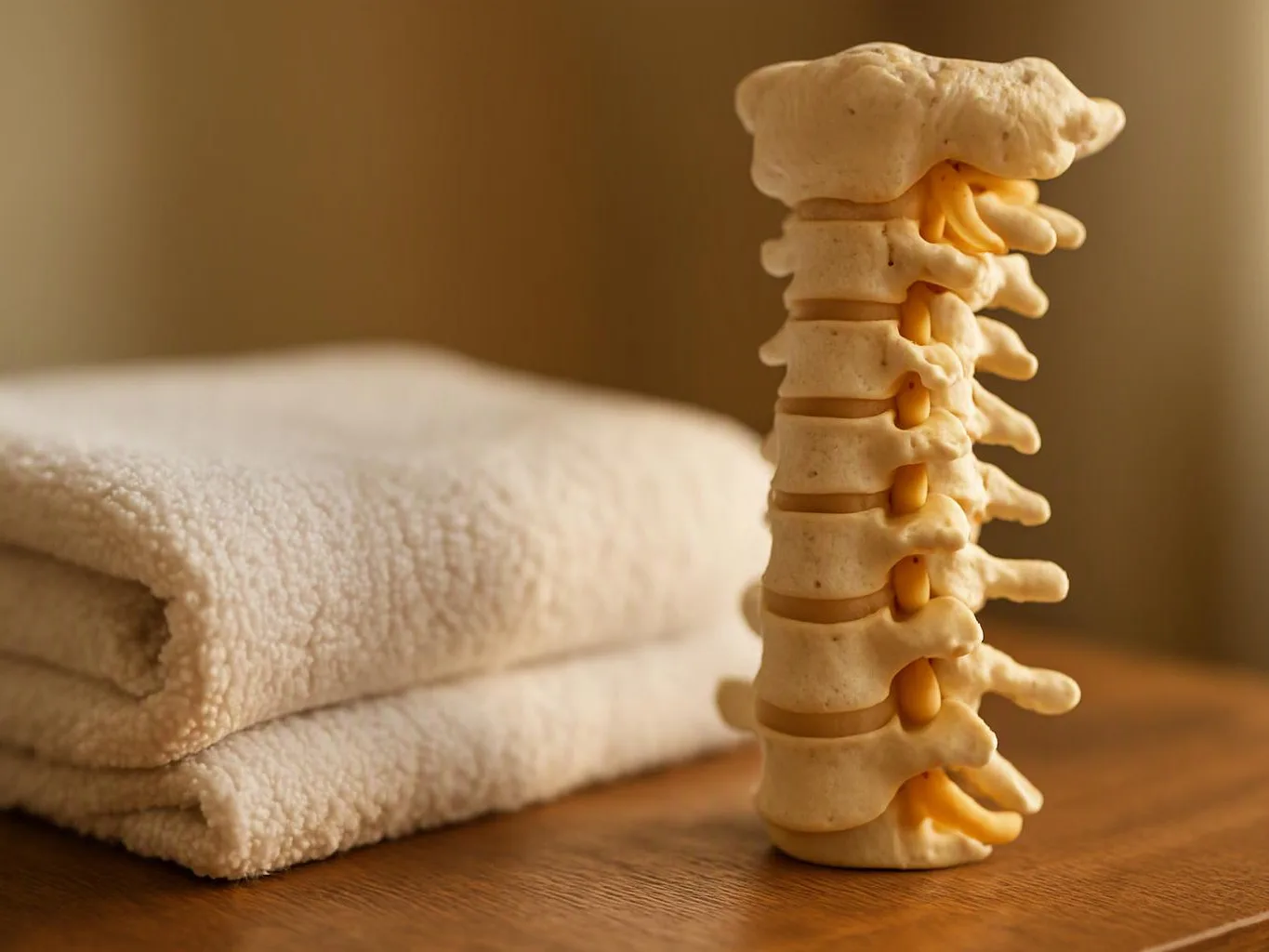 A model spine stands on a wooden table beside two folded white towels