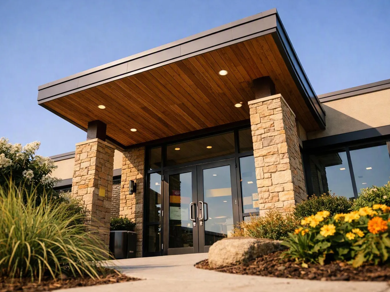 Modern building entrance with stone pillars, glass doors, and landscaped flowers under a wooden overhang