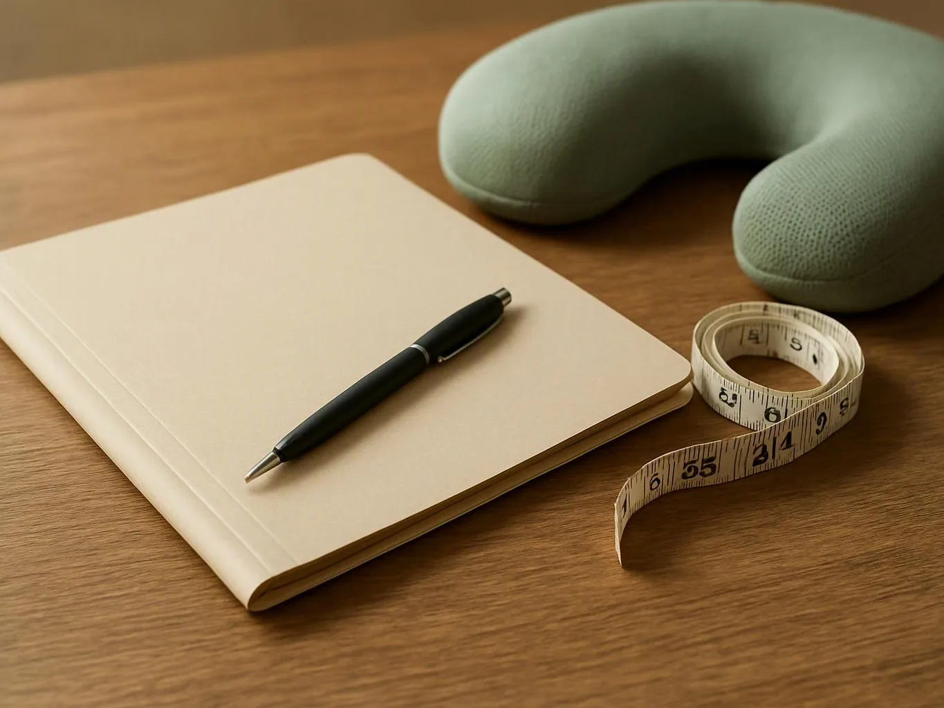 A notebook, pen, measuring tape, and neck pillow rest on a wooden table