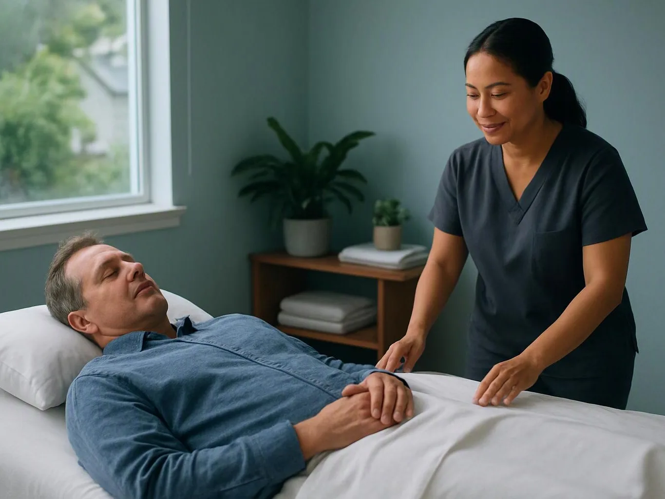 A nurse in dark scrubs adjusts a blanket for a resting man in a quiet room
