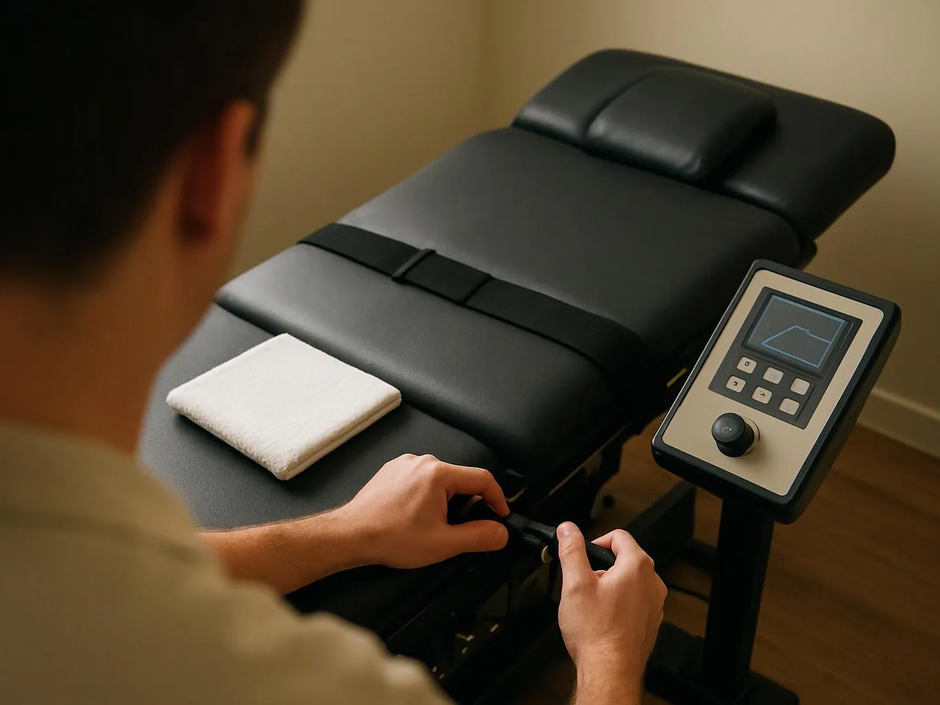 A person adjusts a black treatment table beside a control panel in a quiet room