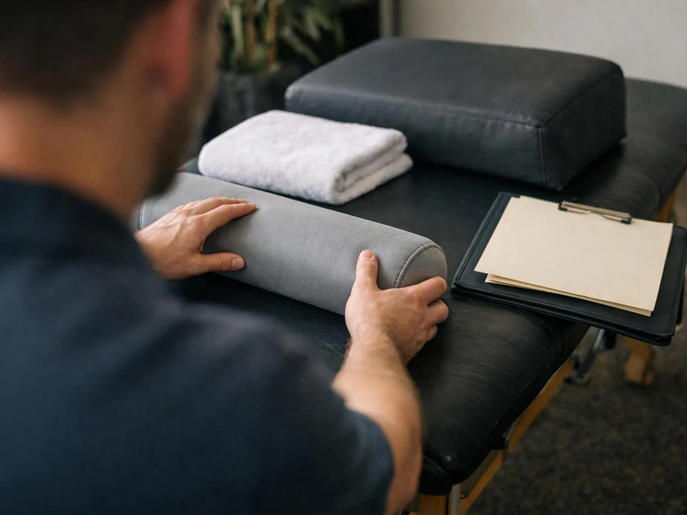 A person adjusts a gray cylindrical cushion on a black massage table beside folded towels and a clipboard