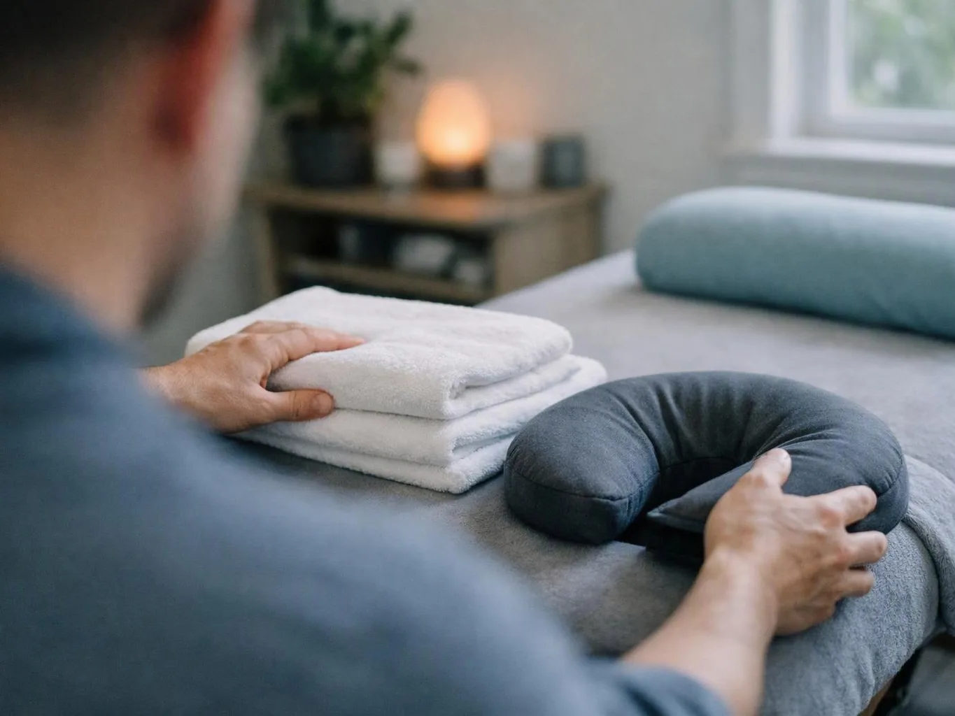 A person arranges folded white towels and a gray neck pillow on a massage table in a calm room
