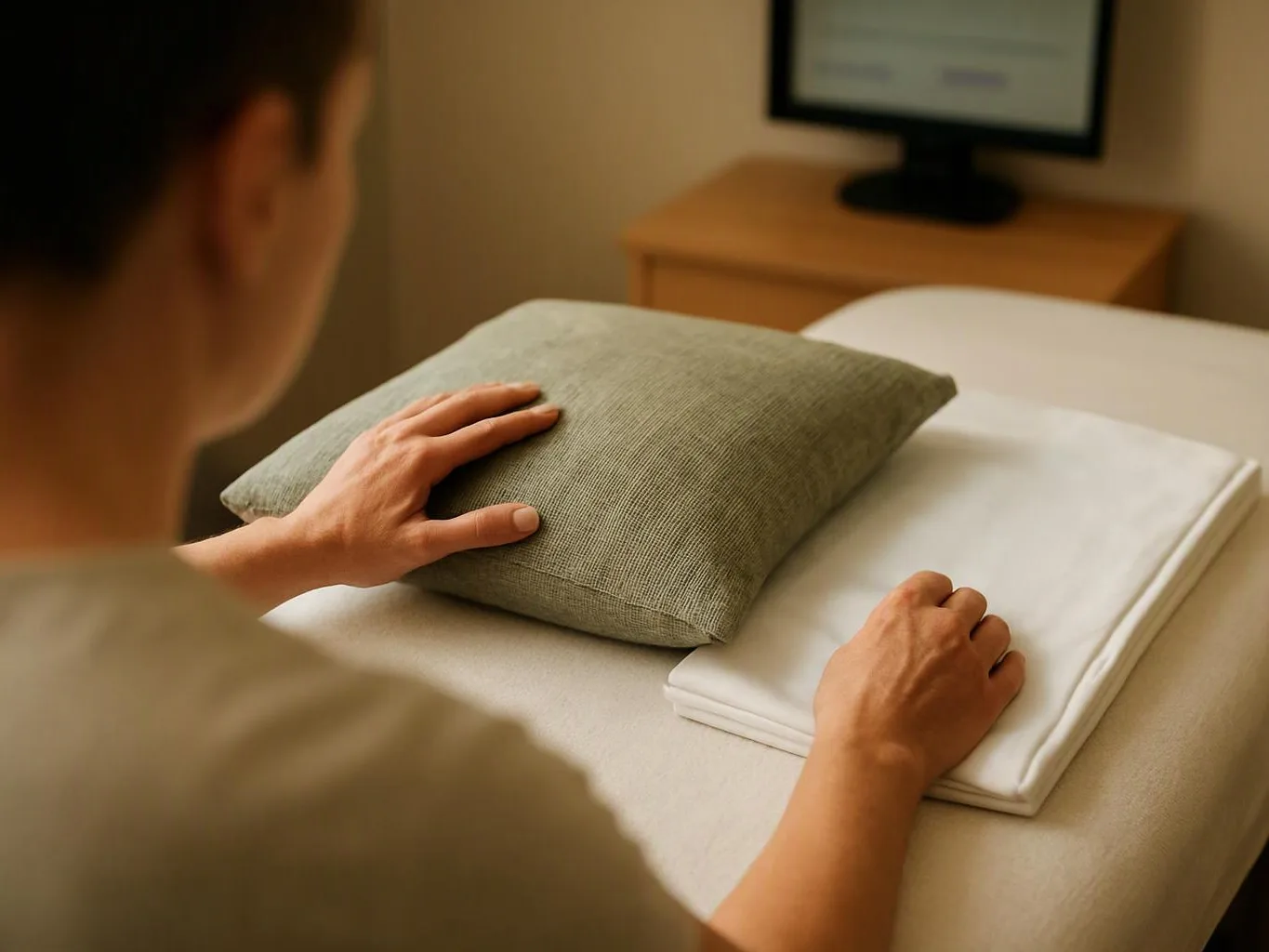 A person arranges a pillow and folded towel on a bed in a softly lit room