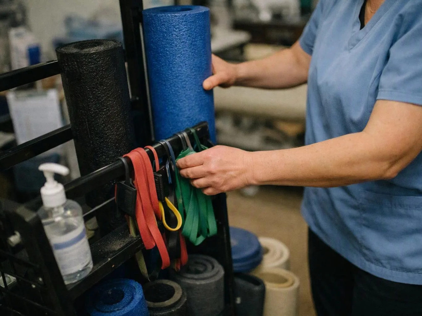A person in a blue shirt arranges resistance bands on a gym rack beside foam rollers and a sanitizer bottle