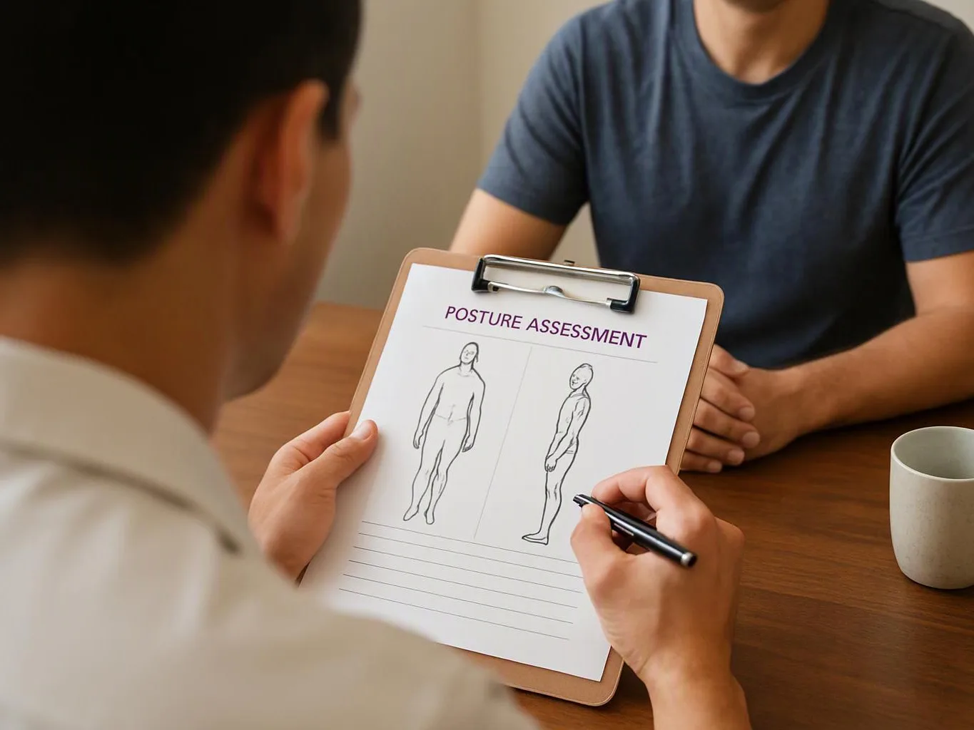 A person fills out a posture assessment clipboard while speaking with another person across a wooden table