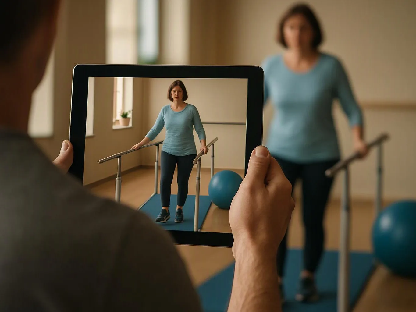 A person holds a tablet showing a woman exercising on parallel bars in a therapy room