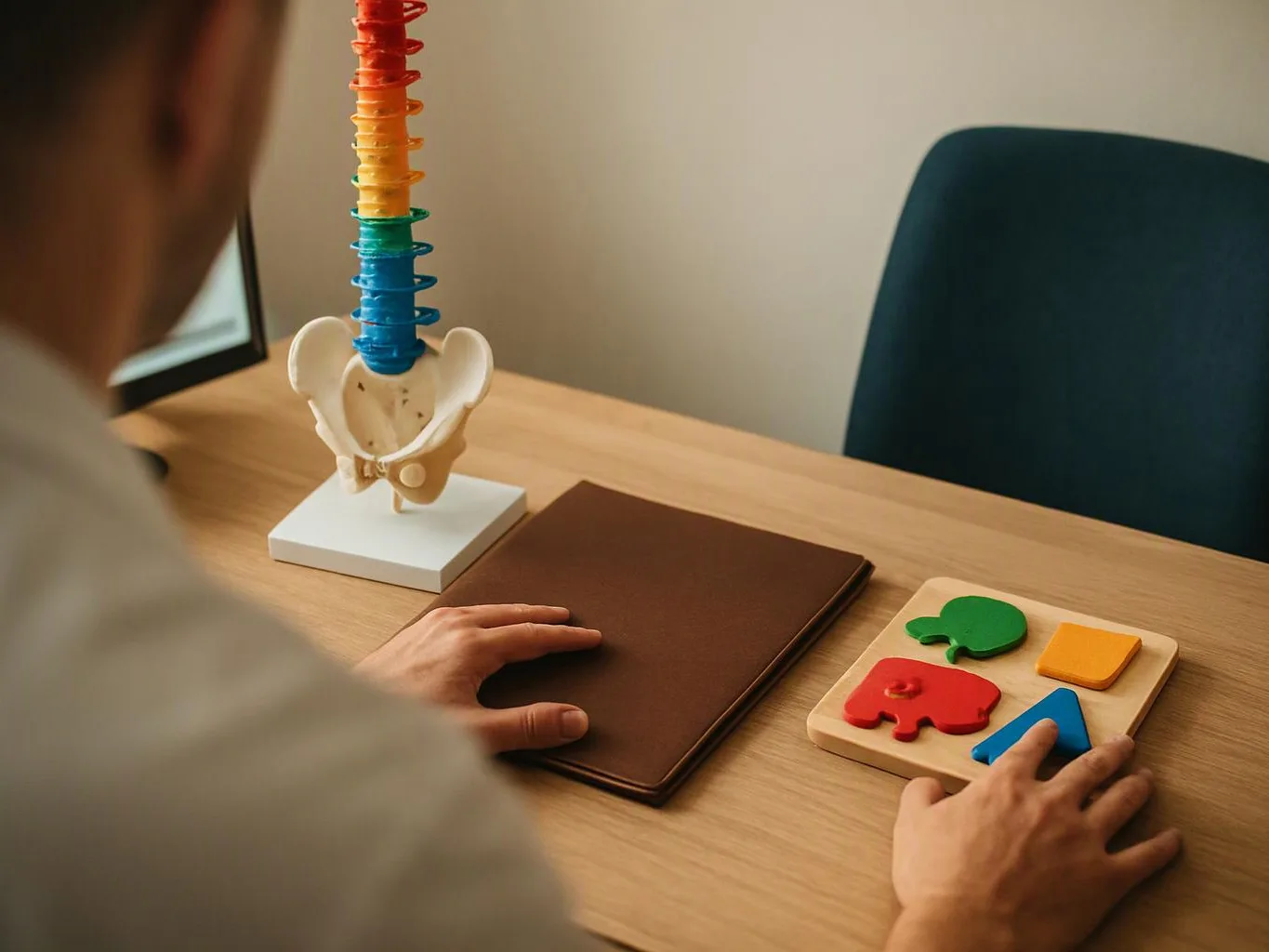 A person sits at a desk, touching a wooden shape puzzle beside a spine and pelvis model