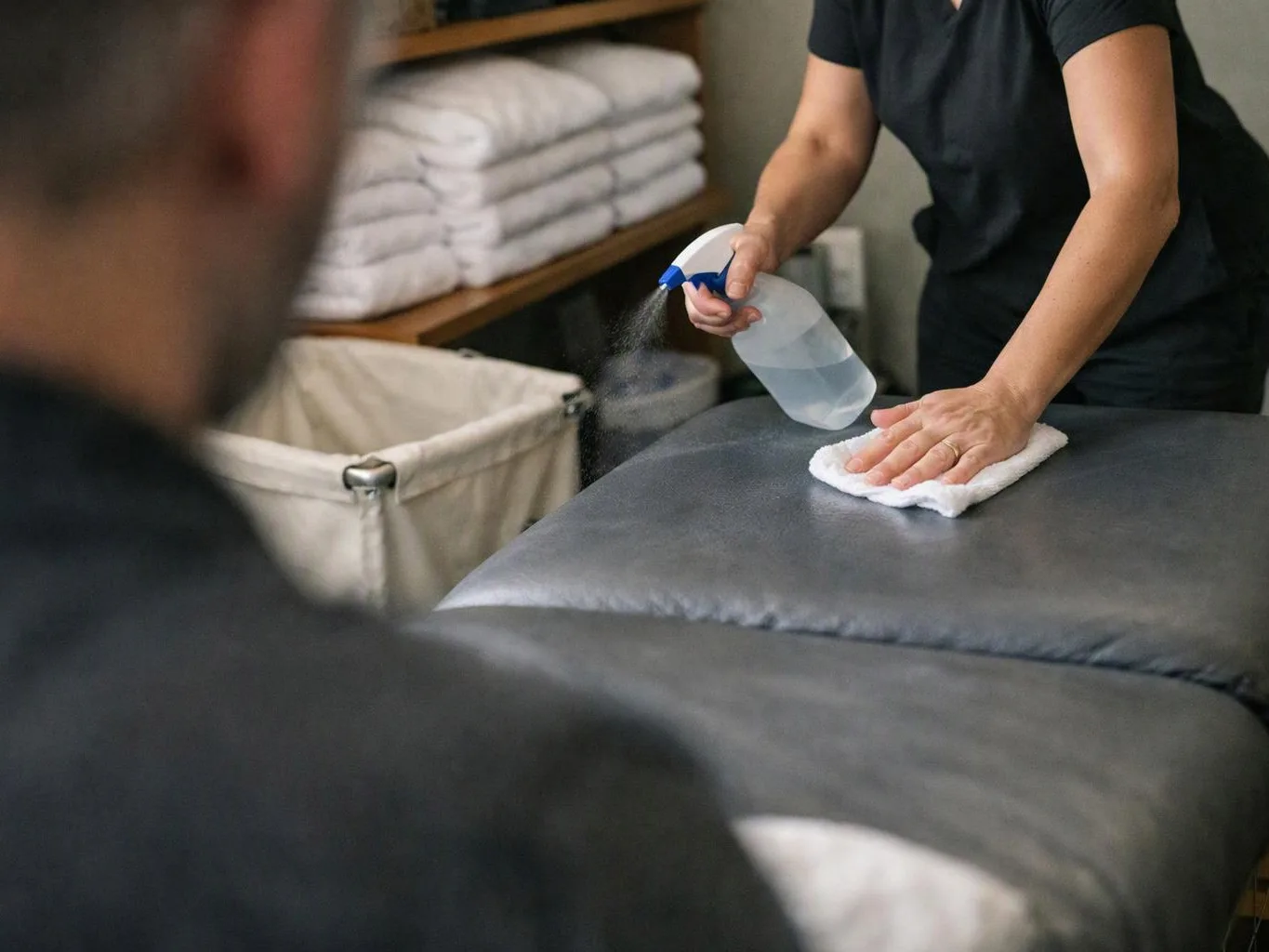 A person sprays liquid on a white cloth while wiping a padded table in a clean room