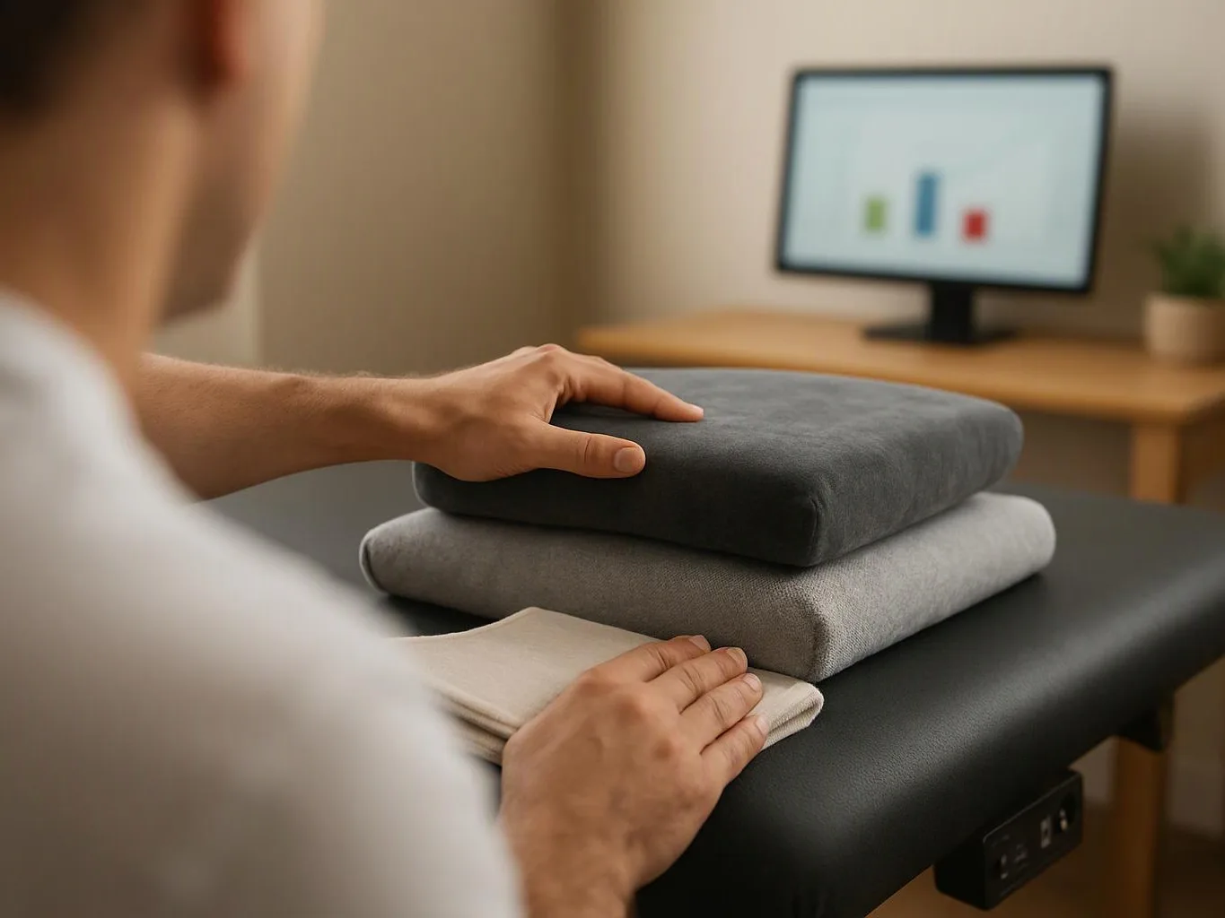 A person stacks folded fabric on a black massage table while a monitor shows a simple bar chart in the background